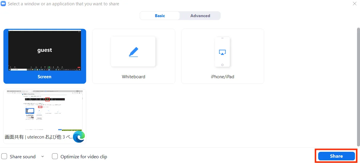 The "Share Screen" button starts screen sharing